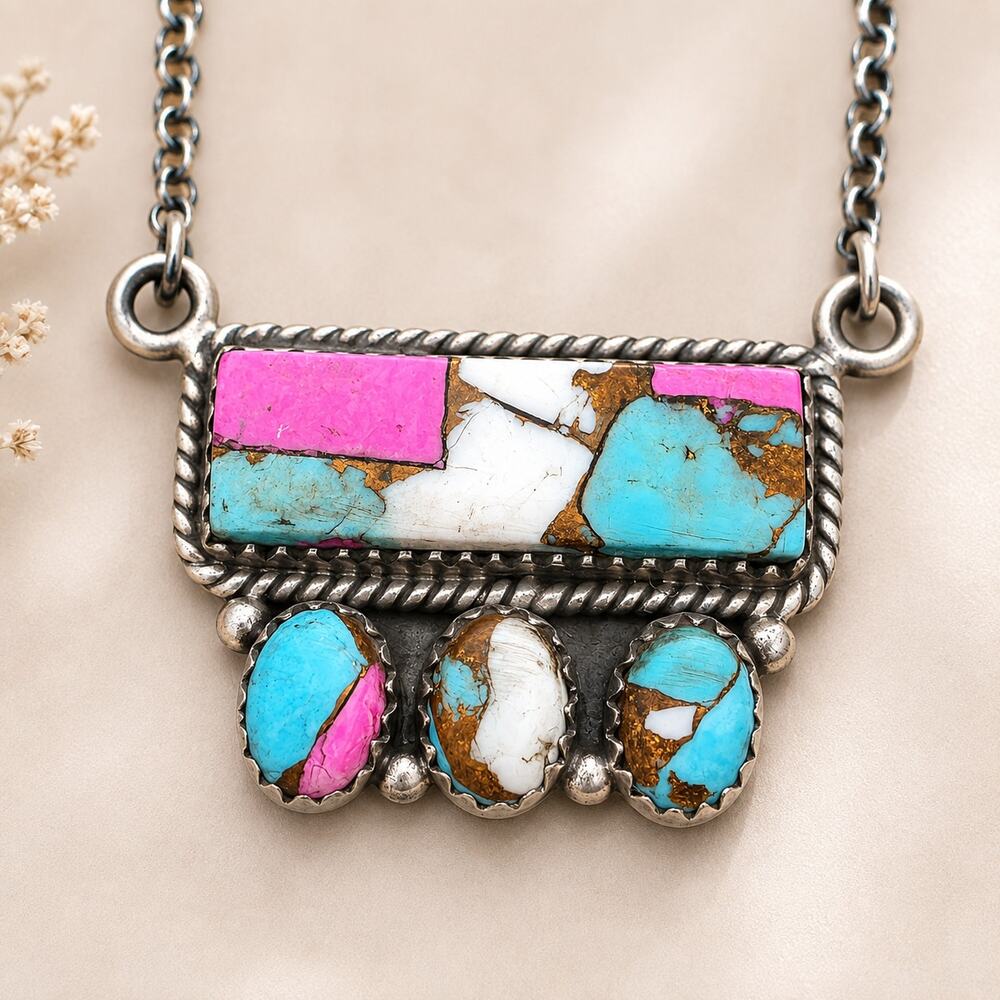 Vintage Sterling Silver Cotton Candy Turquoise Bar Necklace 17 Inch 925